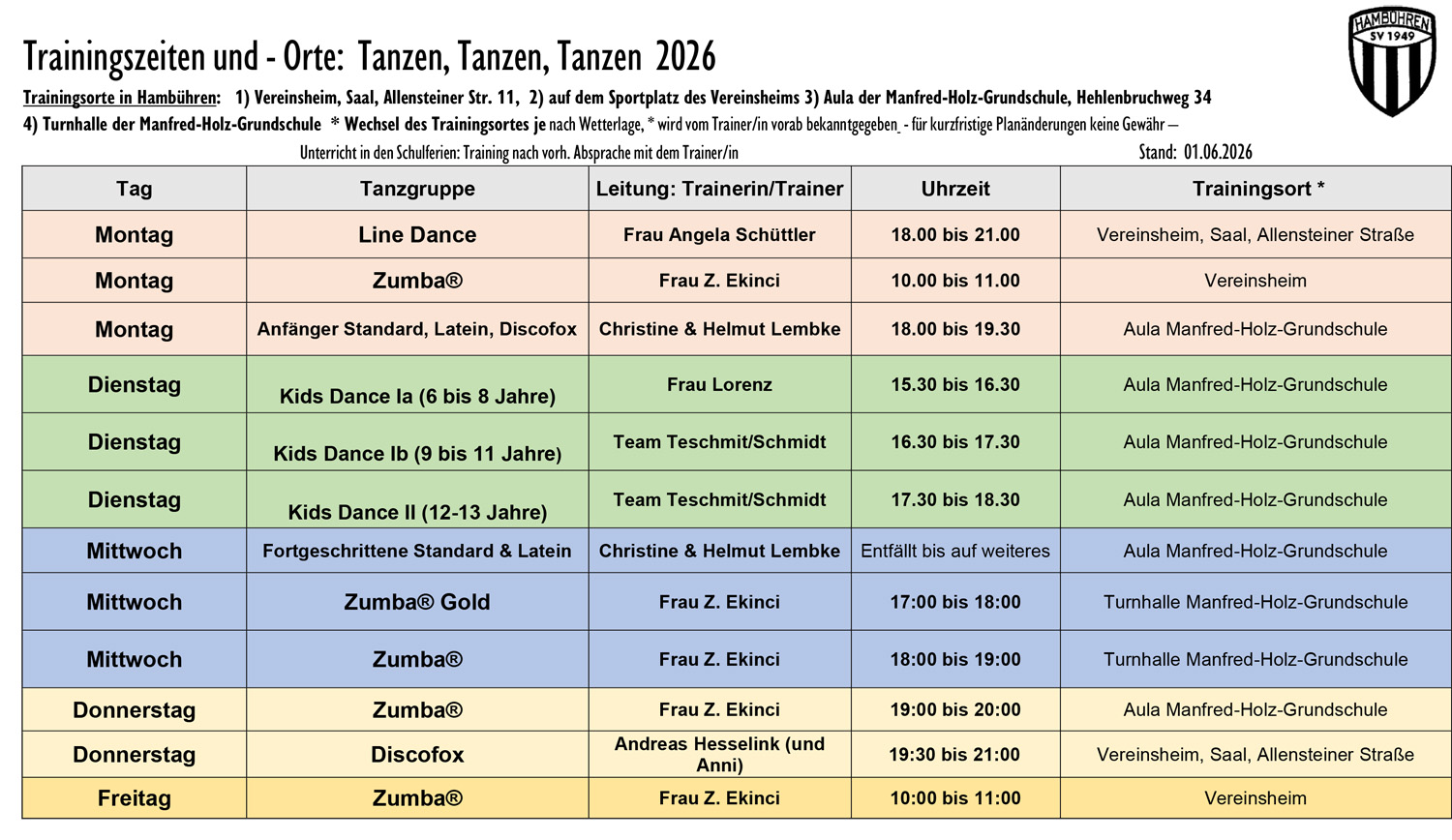 Trainingszeiten Tanzen